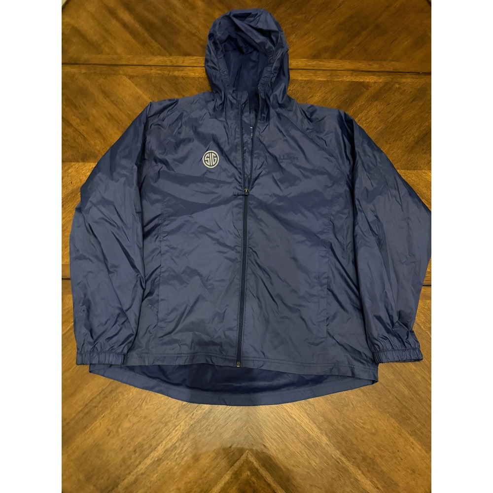 LL Bean Mens SIG Logo Windbreaker Jacket Navy Blue Full Zip Hooded XL Reg 284386